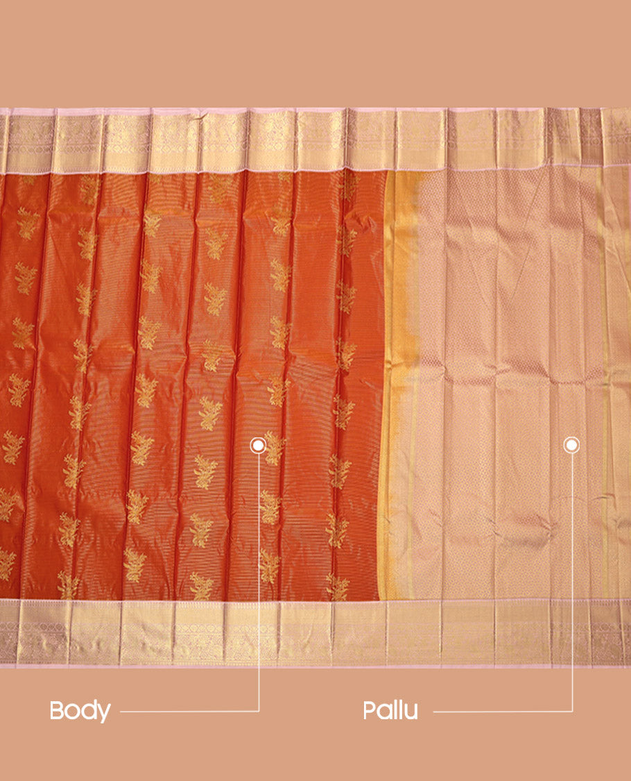 Orange Budget Silk Saree, Enriched with Zari Buttas and Checks, Complemented by Contrast Traditional Zari Border, Grand Pallu, and a Contrast Blouse