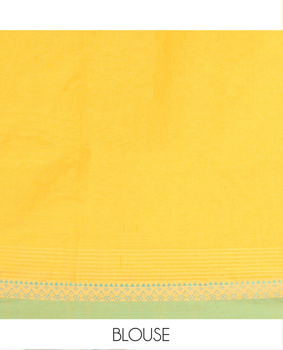 Yellow Chettinad Cotton Saree, Embellished with Buttas All Over Its Body, Complemented by a Contrast Border, Pallu of Paisleys and Checks, and Paired with a Matching Blouse