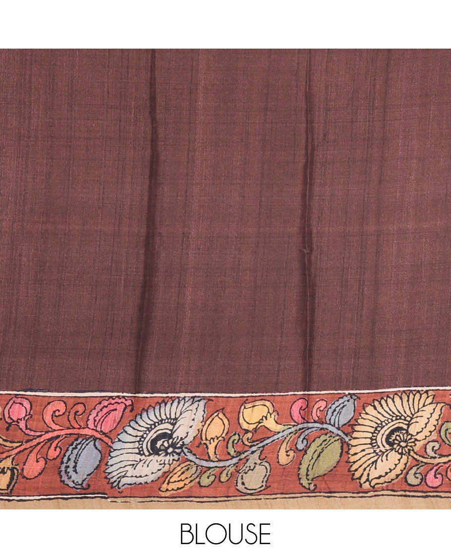 Black kalamkari floral vine printed Italian crepe saree, contrast kalamkari floral creeper printed border, pallu of Pichwai and kalamkari print, and a plain blouse