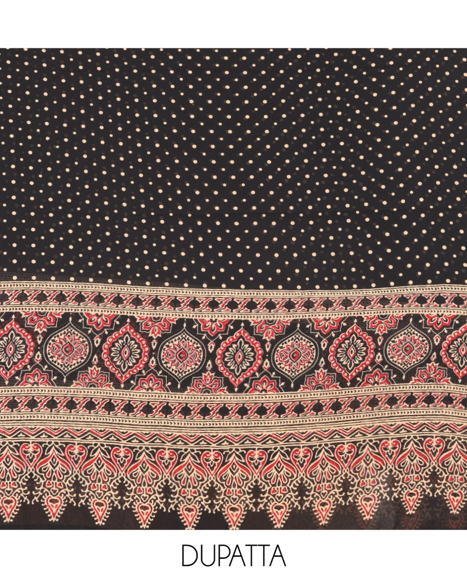 Black Georgette Material Churidar Set, Polka Dot and Ajrakh Neck Work Top, a Matching Bottom, and Ajrakh Printed Dupatta