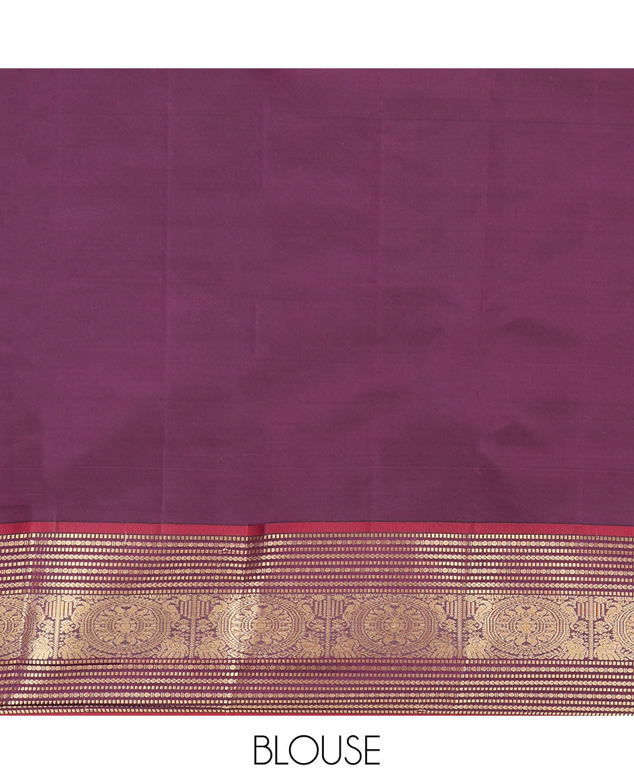 Orange Vasundhara Lite Silk Mix Saree, Woven with Zari Buttas, a Contrast Border of Muthu, Paisa, Yaanai, Mayil, and Chakram Designs, Grand Pallu, and a Contrast Blouse