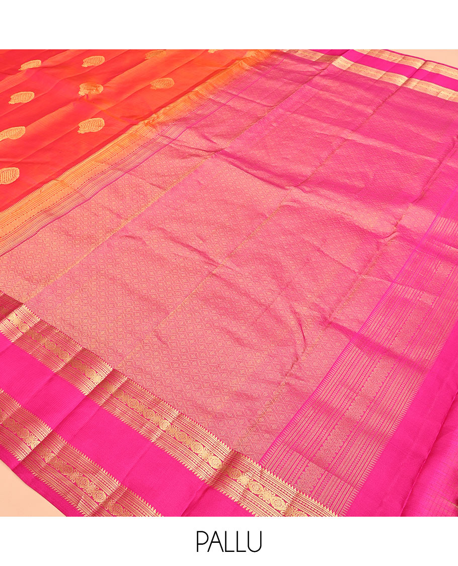 Orange Vasundhara Silk Saree, Woven with Zari Buttas, Contrast Rettai Pettu Traditional Zari Border, Grand Pallu, and a Contrast Blouse