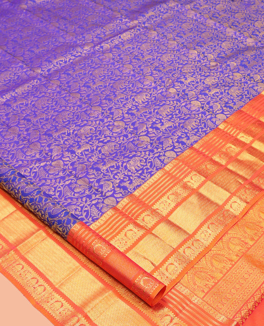 Violet Kanchipuram Wedding Silk Saree Features Vansingaram Jacquard Design, Contrast Border of Muthu, Rekku, Kathir, Mayil, Rekku, Manga, and Mayil Kann, Grand Pallu, and a Matching Blouse