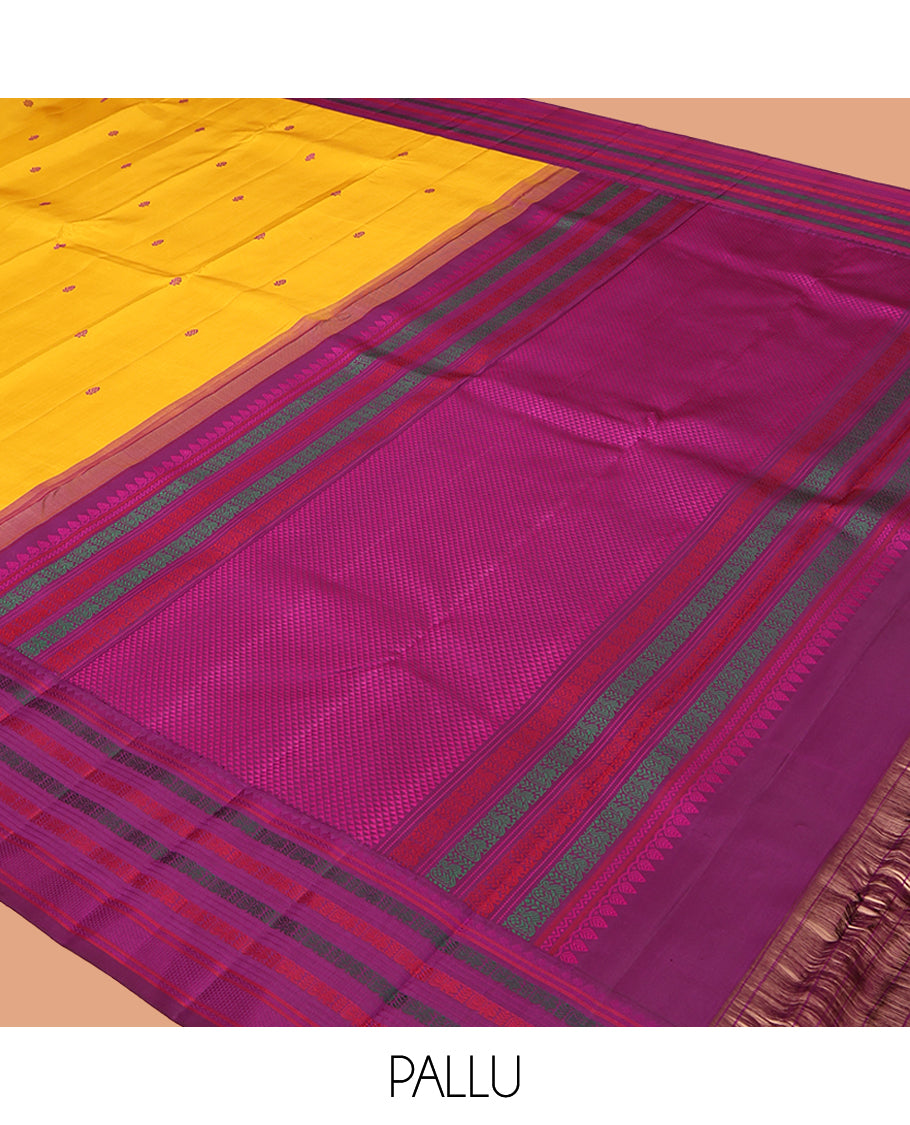 Yellow Kanchipuram Silk Saree, Delicately Woven with Thread Buttas, Complemented by Contrast Mayil Thread Border, Ara Maadam Pallu, and a Contrast Blouse