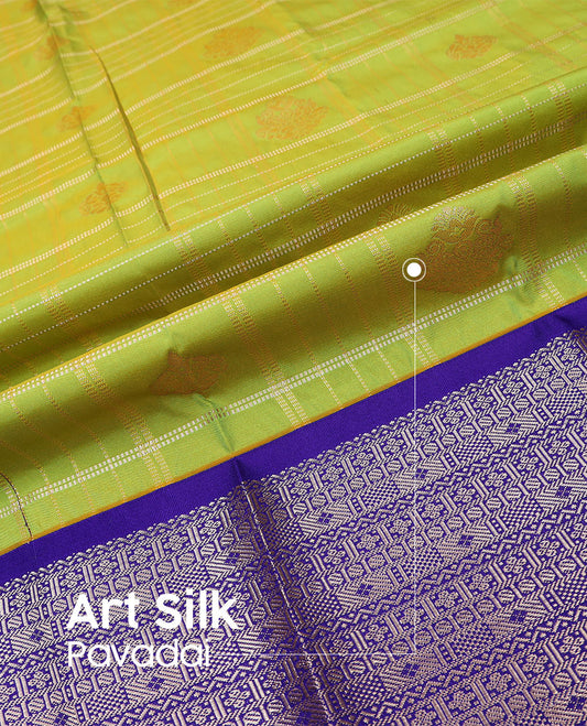 Leaf green art silk pavadai material set, zari butta enclosed checked pavadai & contrast blouse & traditional zari design border