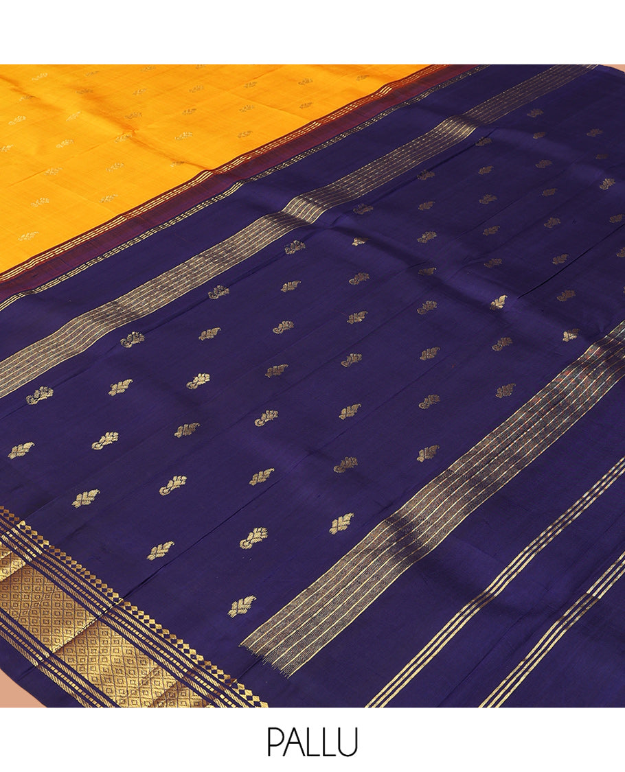 Orange Kanchipuram Silk Saree, Woven with Zari Buttas, Complemented by a Contrast Korvai Border of Panner Sombu, Banaras, Muthu, and Mayil Kann Design, Pallu of Zari Design, and No Blouse