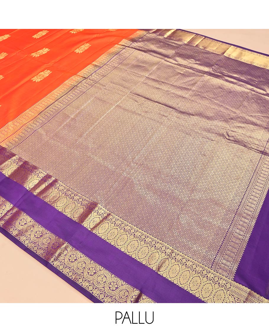 Orange Vasundhara Silk Saree, Woven with Zari Buttas, Complemented by a Contrast Rettai Pettu Border of Kathir, Kodi Visiry, and Chakram Designs, Grand Pallu, and a Contrast Blouse