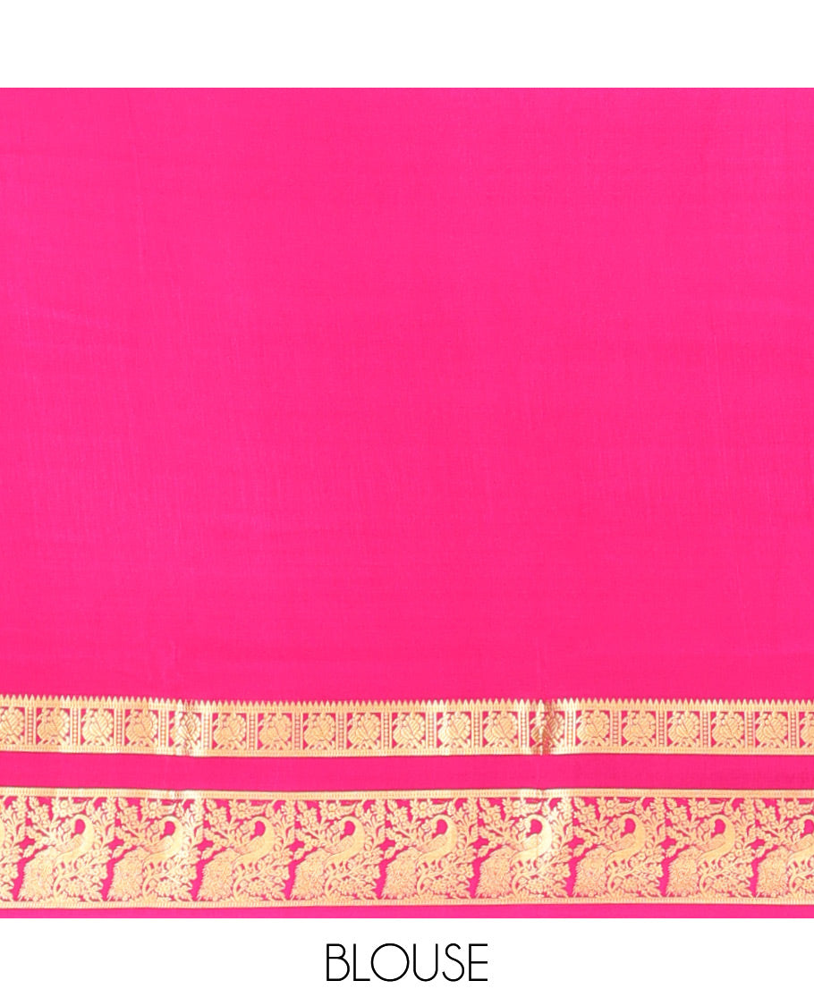 Pink Plain Mysore Silk Saree, Beautifully Detailed with Zari Border of Peacock Designs, Sparsely Woven Pallu of Stripes, and Paired with a Matching Blouse