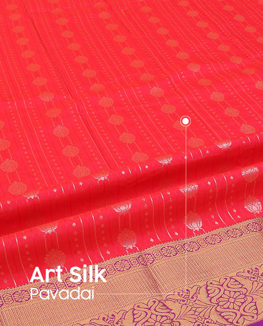 Red Art Silk Pavadai Material Set, Opulently Embellished with Zari Designs All Over the Skirt, Complemented by a Contrast Zari Design Woven Border, and Paired with a Contrast Blouse