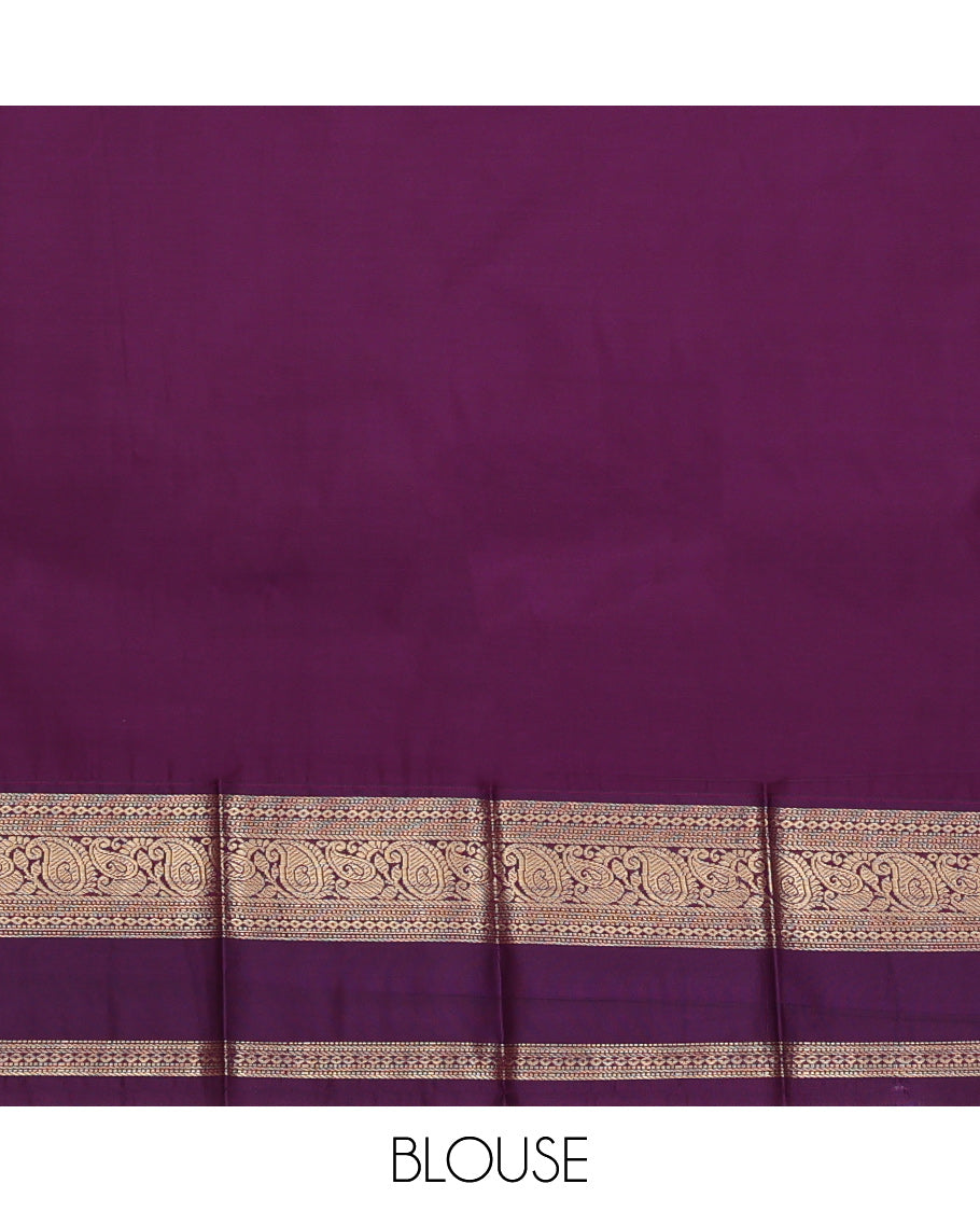 Pink Budget Silk Saree, Dazzled with Zari Buttas and Stripes, Complemented by Contrast Traditional Zari Rettai Pettu Border, Geometric Pallu, and a Contrast Blouse
