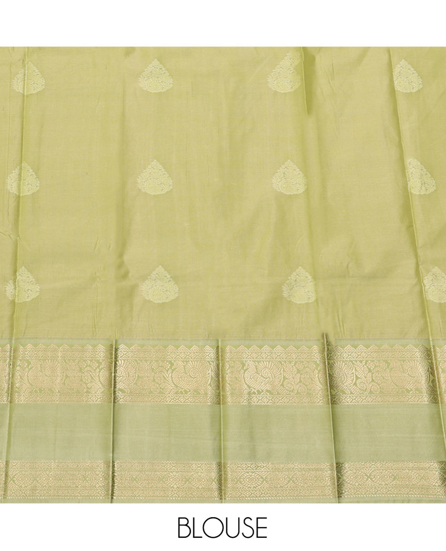 Red Budget Silk Saree, Showcasing Zari Buttas on Its Body, Complemented by a Contrast Traditional Zari Design Rettai Pettu Border, Grand Jaal Pallu, and Paired with a Contrast Blouse