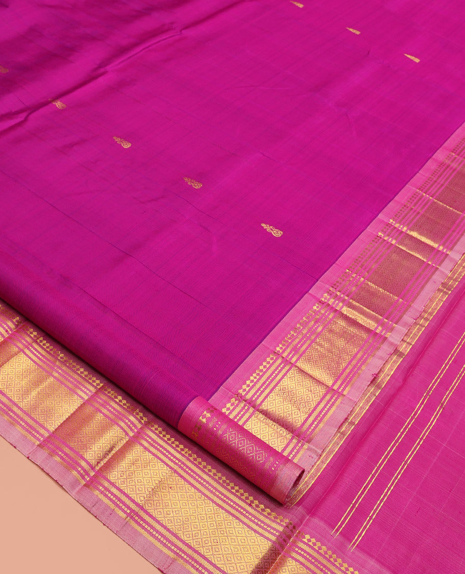 Rani Pink Kanchipuram Silk Saree, Accentuated with Zari Buttas, a Contrast One-Sided Border of Paneer Sombu, Banaras, Muthu, and Jaal Designs, Zari-Woven Pallu, and No Blouse