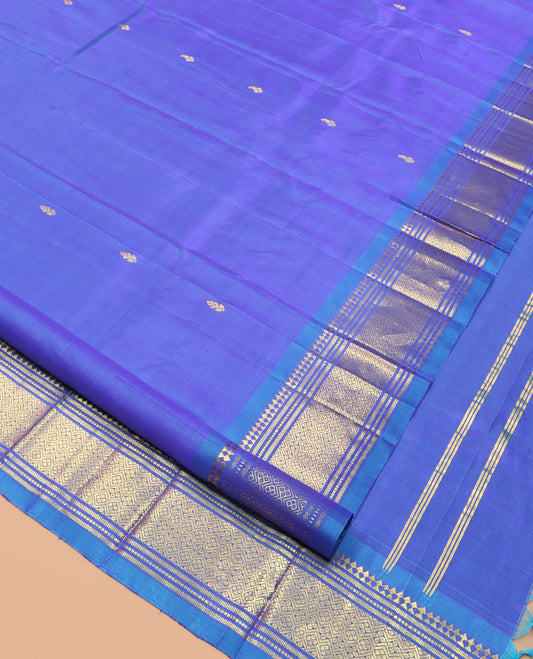 Lavender Zari Buttas Kanchipuram Silk Saree, Highlighted by a Zari One-Sided Border of Panner Sombu, Banaras, Muthu, and Jaal Designs, Zari Design Pallu, and a No Blouse