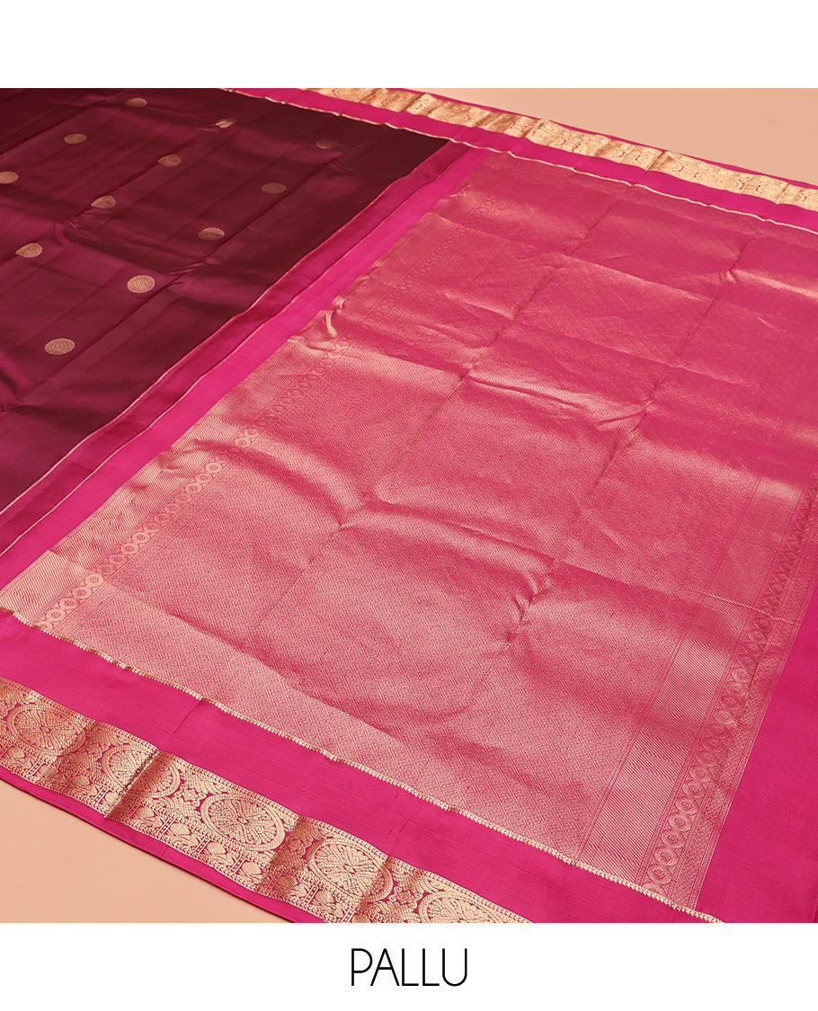 Wine Vasundhara Silk Saree, Woven with Chakram Zari Buttas, Contrast Rettai Pettu Border of Ara Bogudi, Mayil, and Chakram Designs, Jaal Pallu, and Contrast Blouse