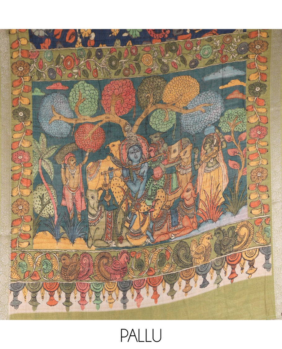 Navy Blue Kalamkari Printed Fancy Tussar Saree