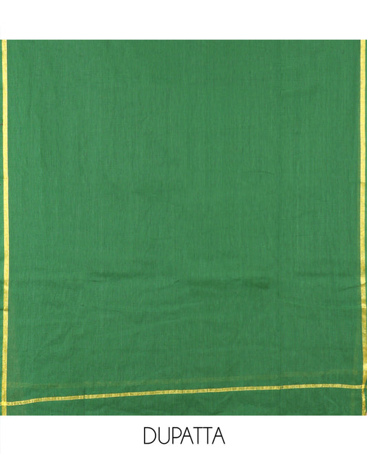 Green Handloom Material Chudidar, Peacock-Chakram Motifs-Threaded Top, a Contrast Plain Bottom, and a Contrast Dupatta