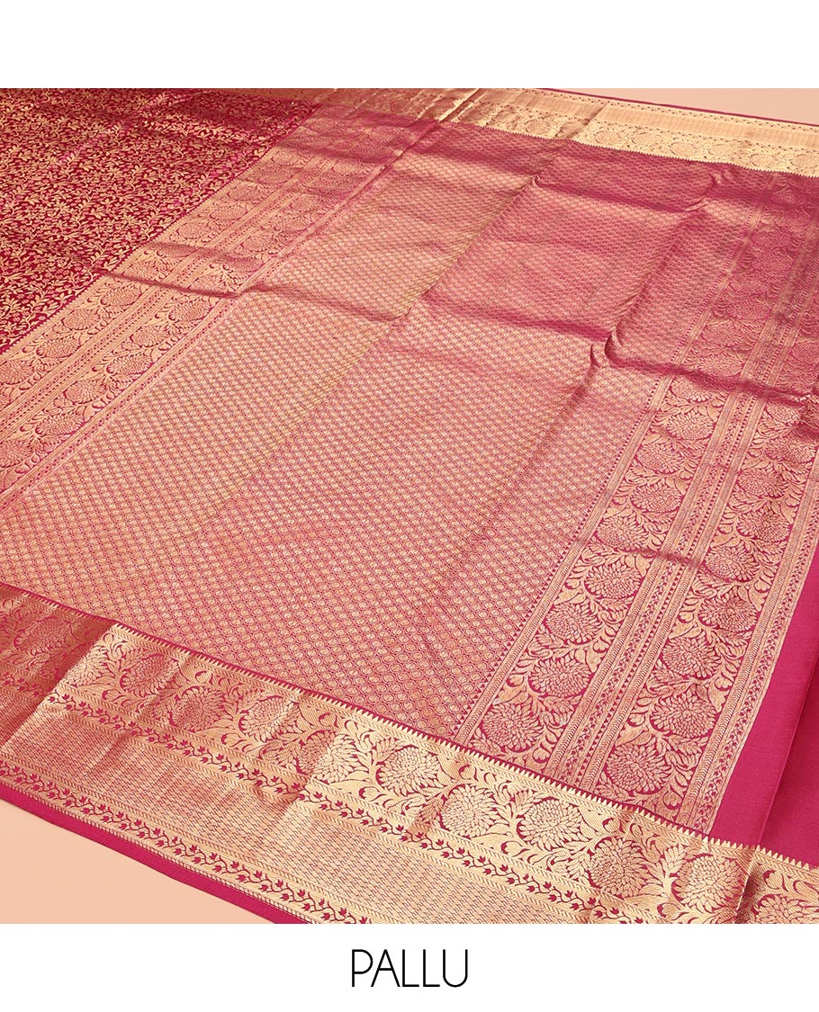 Wine Kanchipuram Wedding Silk Saree, Finely Crafted with Jacquard Design, a Zari Border of Rekku, Kathir, and Kodi Visiry, Jaal Pallu, and a Matching Blouse