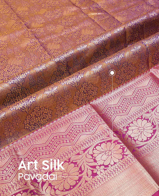 Brown floral design art silk pavadai material with contrast zari design border & floral zari design blouse