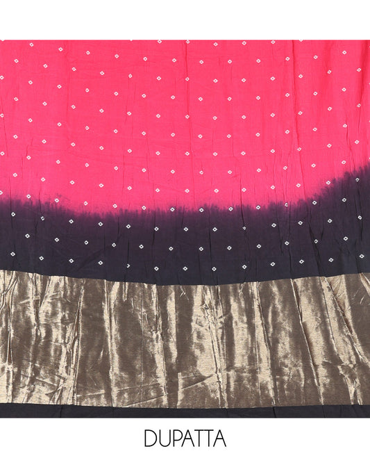 Black and Pink Semi-Silk Material Churidar Set, Decked Up with Bandhani Dots Print, Comes with a Plain Santoon Bottom, and Paired with a Double-Colored Dupatta of Bandhani Dots Print