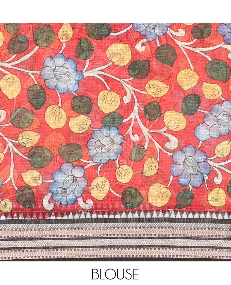 Light Sandal Kalamkari Silk Saree, Finely Crafted with Ancient Human Figurines, a Contrast Traditional Border, Pallu of Ancient Human Figurines, and a Contrast Blouse
