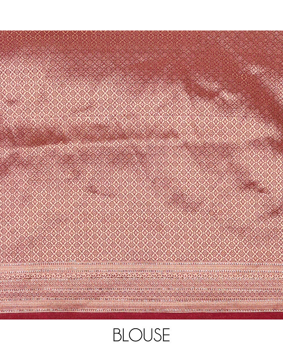 Cream and wine half-saree, floral and bird printed nylon viscose crepe top, contrast traditional zari and stone work border, jacquard banaras blouse, and scallop stone work dhavani