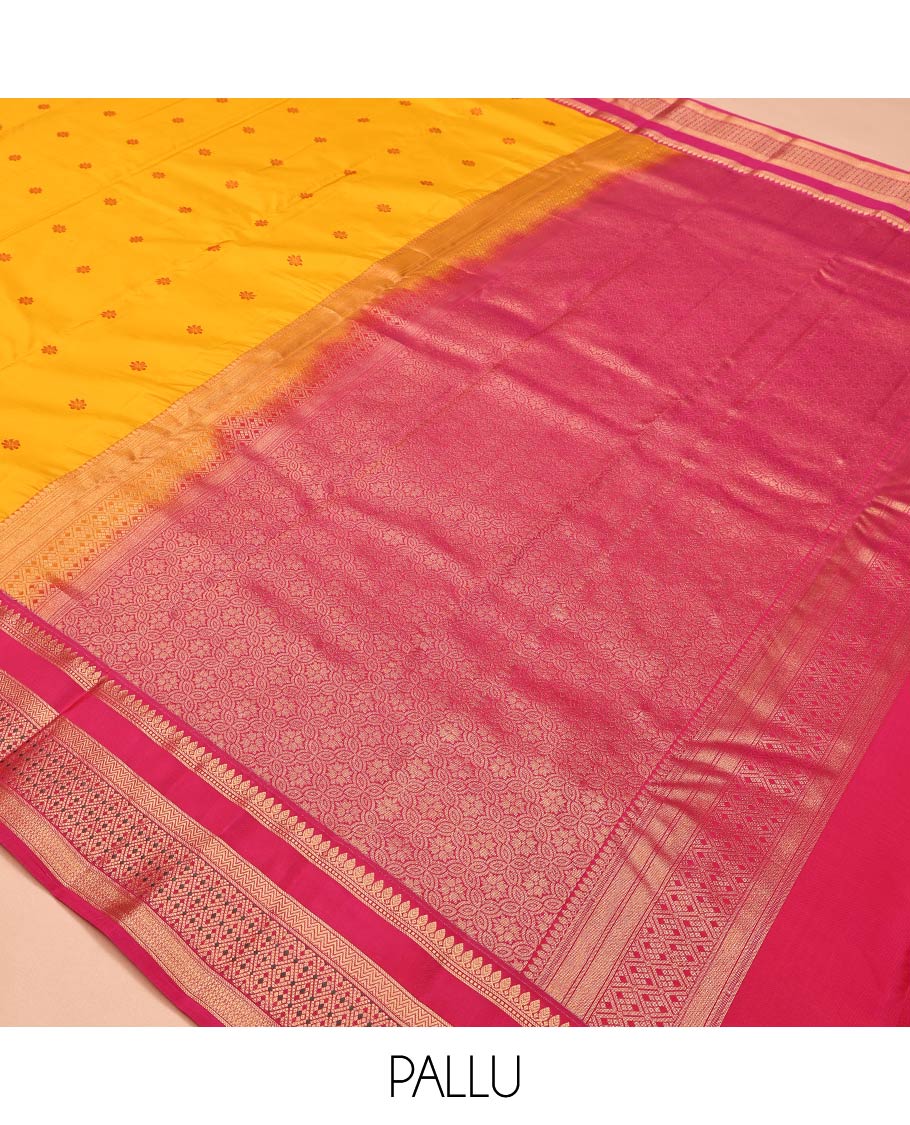 Yellow Thread Buttas Vasundhara Lite Silk Mix Saree, a Contrast Border of Thilakam Mokku, Vanki and Jaal Designs, Grand Pallu, and a Contrast Blouse
