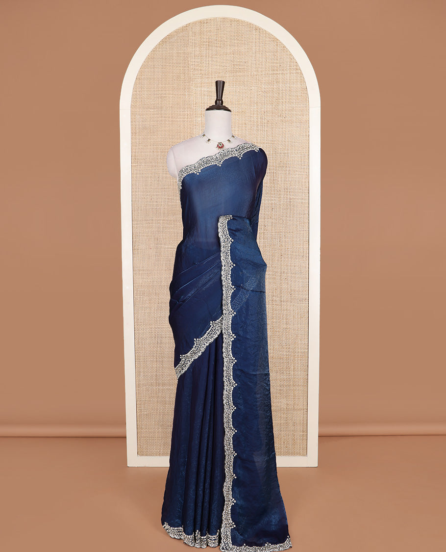 Blue plain designer saree, scallop intricately embroidered border