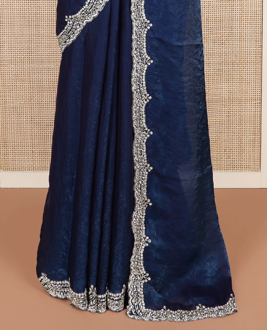 Blue plain designer saree, scallop intricately embroidered border