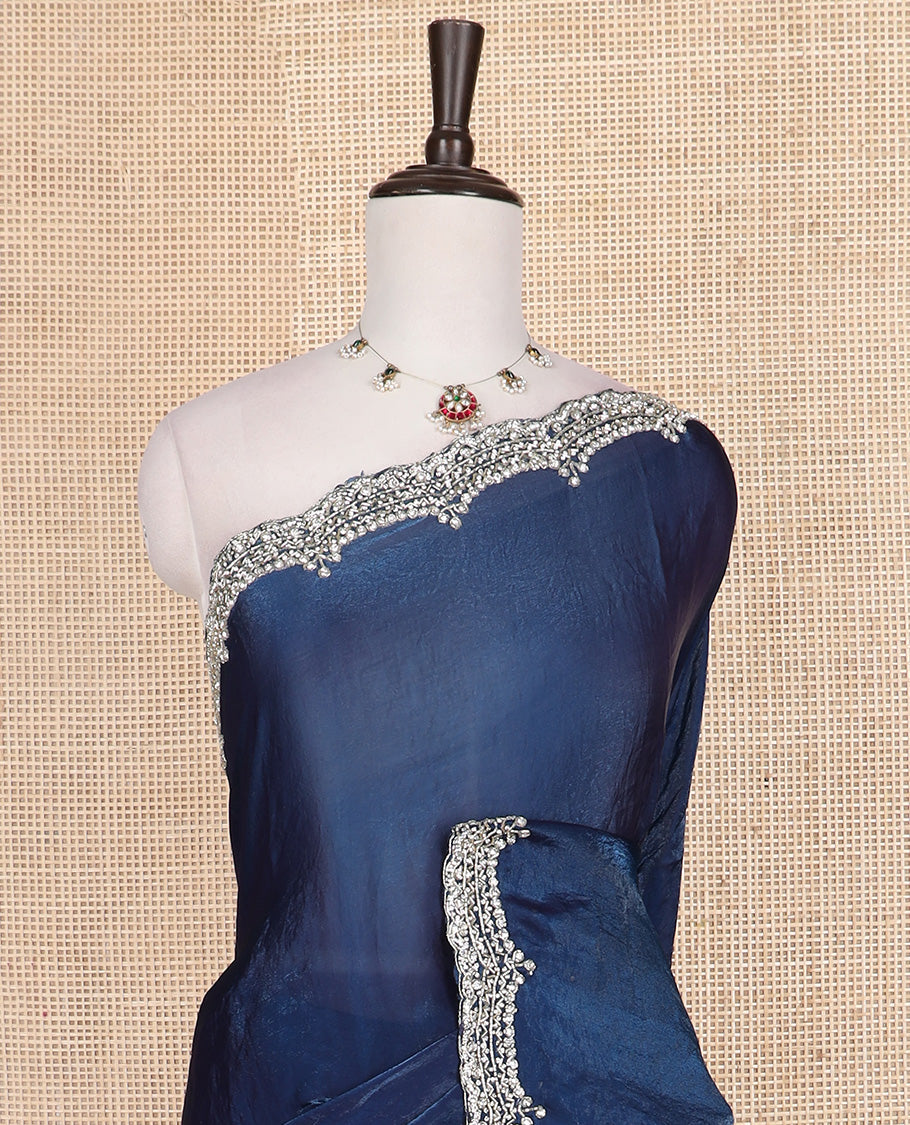 Blue plain designer saree, scallop intricately embroidered border