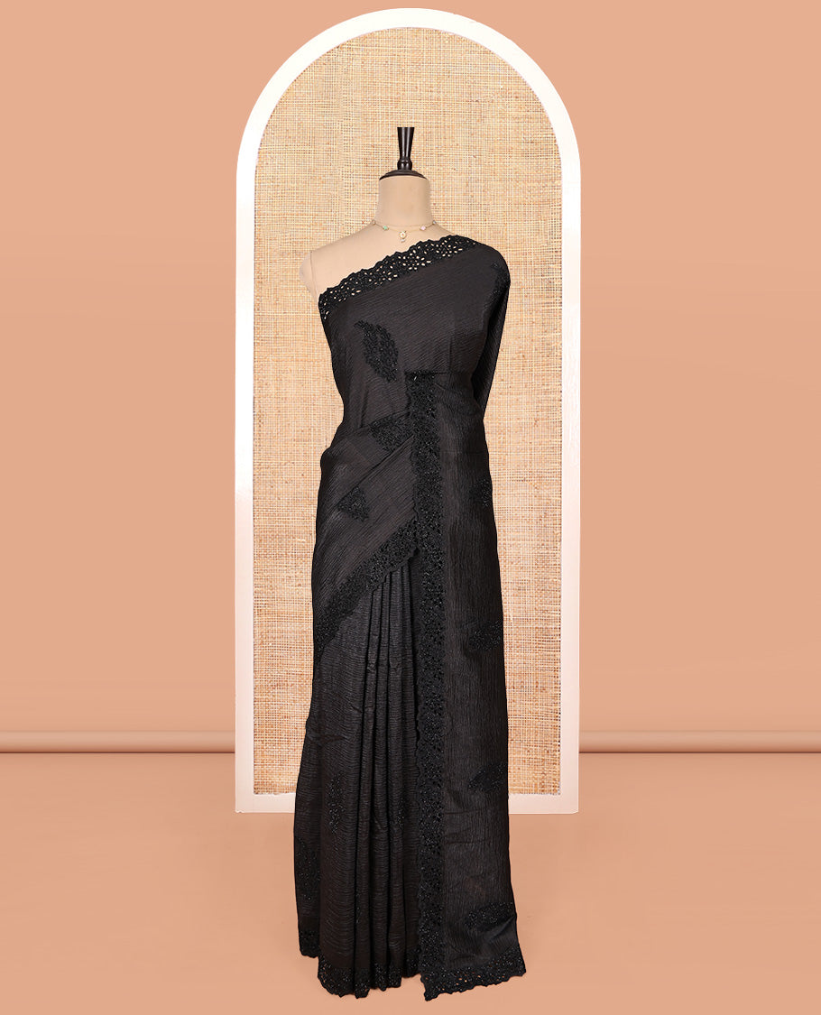 Black Designer Saree, Adorned with Micro-Stone Buttas, a Scallop Embroidered Border, and Matching Blouse