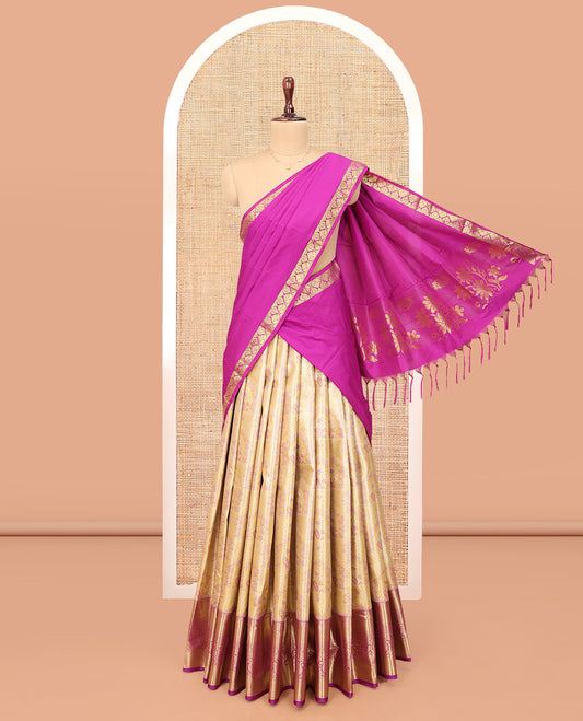 Yellow Art Silk Material Half-Saree Set, Decorated with Jacquard Design Skirt, Complemented by Contrast Traditional Zari Designs Woven Border, Grand Jacquard Blouse, and Paired with a Floral Design Blouse