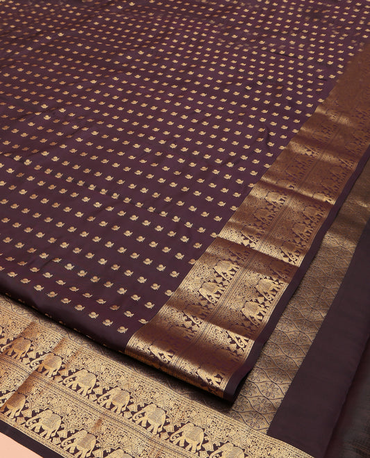 Brown Vasundhara Lite Silk Mix Saree, Richly Detailed with Mayil Buttas on Its Body, Highlighted by a Zari Border of Rettai Neli, Mayil, and Yaanai Designs, Ogee-Patterned Pallu, and Paired with a Matching Blouse