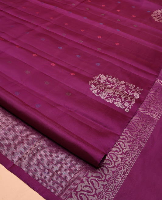 Borderless Purple Mayuri Soft Silk Saree, Bedecked with Thread Buttas All Over Its Body, Highlighted by Vanki Design Pallu and Paired with a Matching Blouse