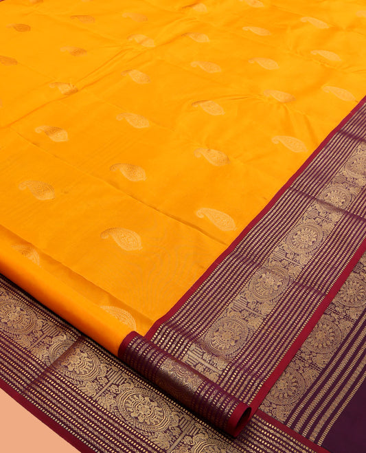 Orange Vasundhara Lite Silk Mix Saree, Woven with Zari Buttas, a Contrast Border of Muthu, Paisa, Yaanai, Mayil, and Chakram Designs, Grand Pallu, and a Contrast Blouse