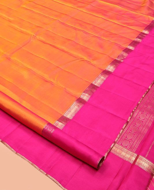 Orange Plain Kanchipuram Silk Saree, Complemented by Contrast Ganga-Jamuna Rettai Pettu Border, Pallu of Geometric Designs, and a Contrast Blouse