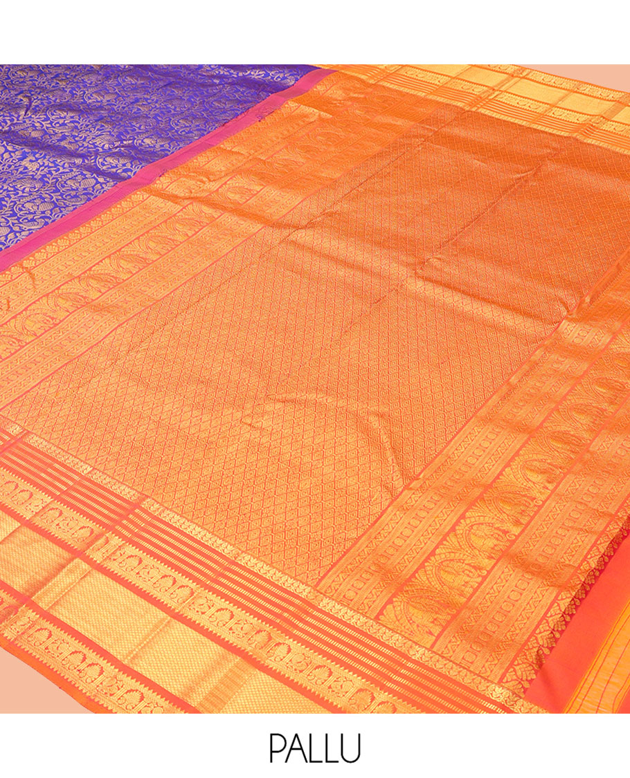 Violet Kanchipuram Wedding Silk Saree Features Vansingaram Jacquard Design, Contrast Border of Muthu, Rekku, Kathir, Mayil, Rekku, Manga, and Mayil Kann, Grand Pallu, and a Matching Blouse