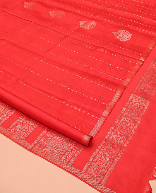 Red Mayuri Soft Silk Saree, Richly Detailed with Zari Buttas and Zari Stripes On Its Body, Subtle Piping Zari Border, Grandly Decked Up Pallu and Paired with a Matching Blouse