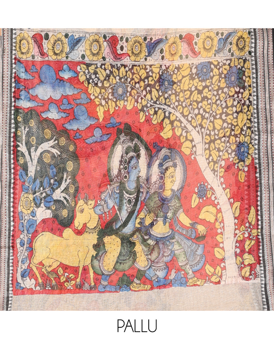Light Sandal Kalamkari Silk Saree, Finely Crafted with Ancient Human Figurines, a Contrast Traditional Border, Pallu of Ancient Human Figurines, and a Contrast Blouse