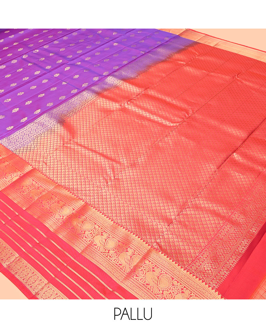 Violet Vasundhara Lite Silk Mix Saree, Gleamed Up with Zari Buttas, a Contrast Border of Rekku, Muthu, Neli, Mayil, and Cross Kamalam Designs, Grand Jaal Pallu, and a Contrast Blouse