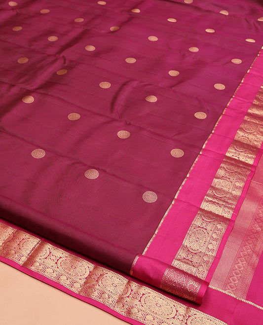 Wine Vasundhara Silk Saree, Woven with Chakram Zari Buttas, Contrast Rettai Pettu Border of Ara Bogudi, Mayil, and Chakram Designs, Jaal Pallu, and Contrast Blouse