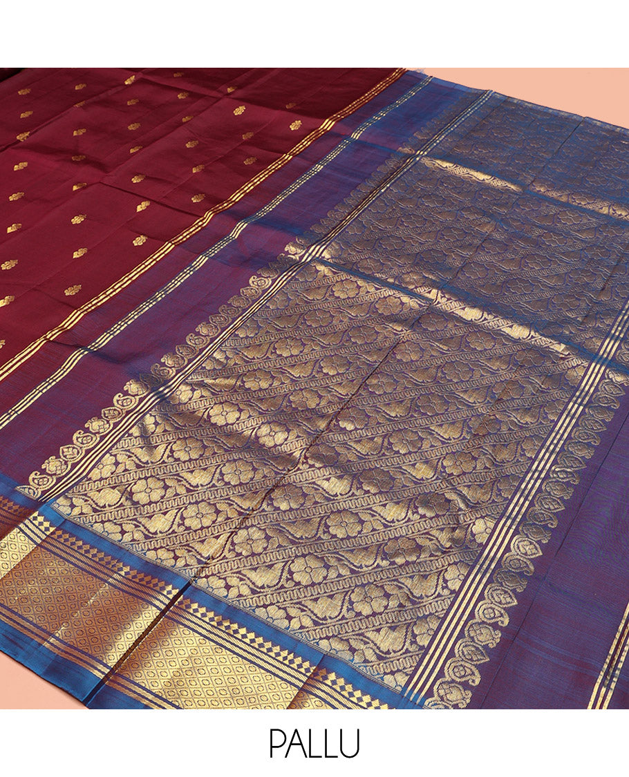 Maroon Kanchipuram Silk Saree, Decorated with Zari Buttas, Contrast Border of Paneer Sombu, Banaras, and Jaal, Pallu of Floral Creeper Design, and No Blouse