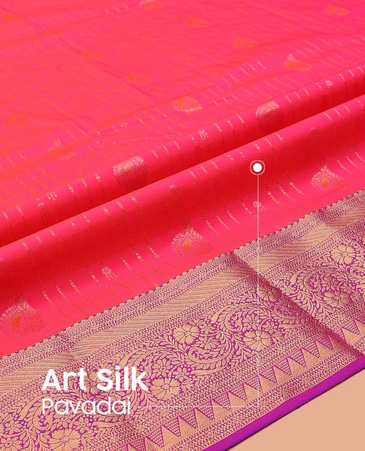 Pink Art Silk Pavadai Material Set, Subtly Sparkled with Stripes and Buttas on Its Skirt, Complemented by a Contrast Traditional Zari Design Border, and Paired with a Contrast Blouse