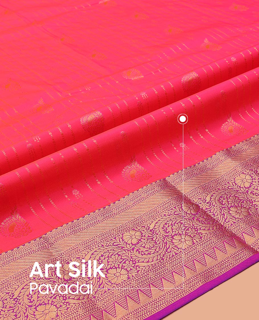 Pink Art Silk Pavadai Material Set, Subtly Sparkled with Stripes and Buttas on Its Skirt, Complemented by a Contrast Traditional Zari Design Border, and Paired with a Contrast Blouse