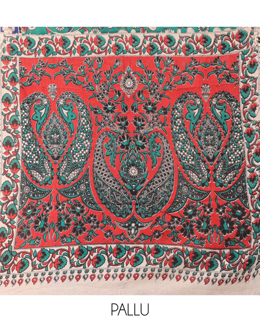 Blue Kalamkari Cotton Saree, Adorned with Floral Vine Print, Contrast Printed Border, Kalamkari Paisley Motifs Pallu, and a Contrast Blouse