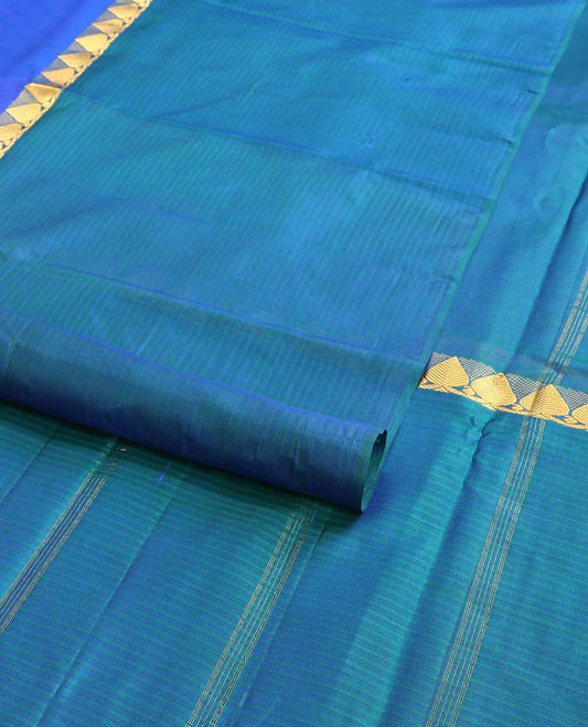 Blue checked kancheepuram silk saree with contrast striped, leaf design border & striped pallu