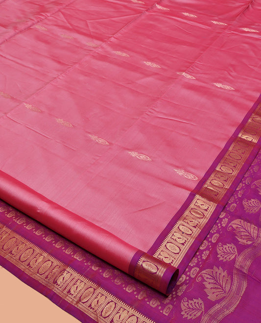 Pink Uppada Silk Saree, Ornamented with Zari Buttas, a Contrast Peacock-Chakram Border, Grand Pallu, and a Contrast Blouse