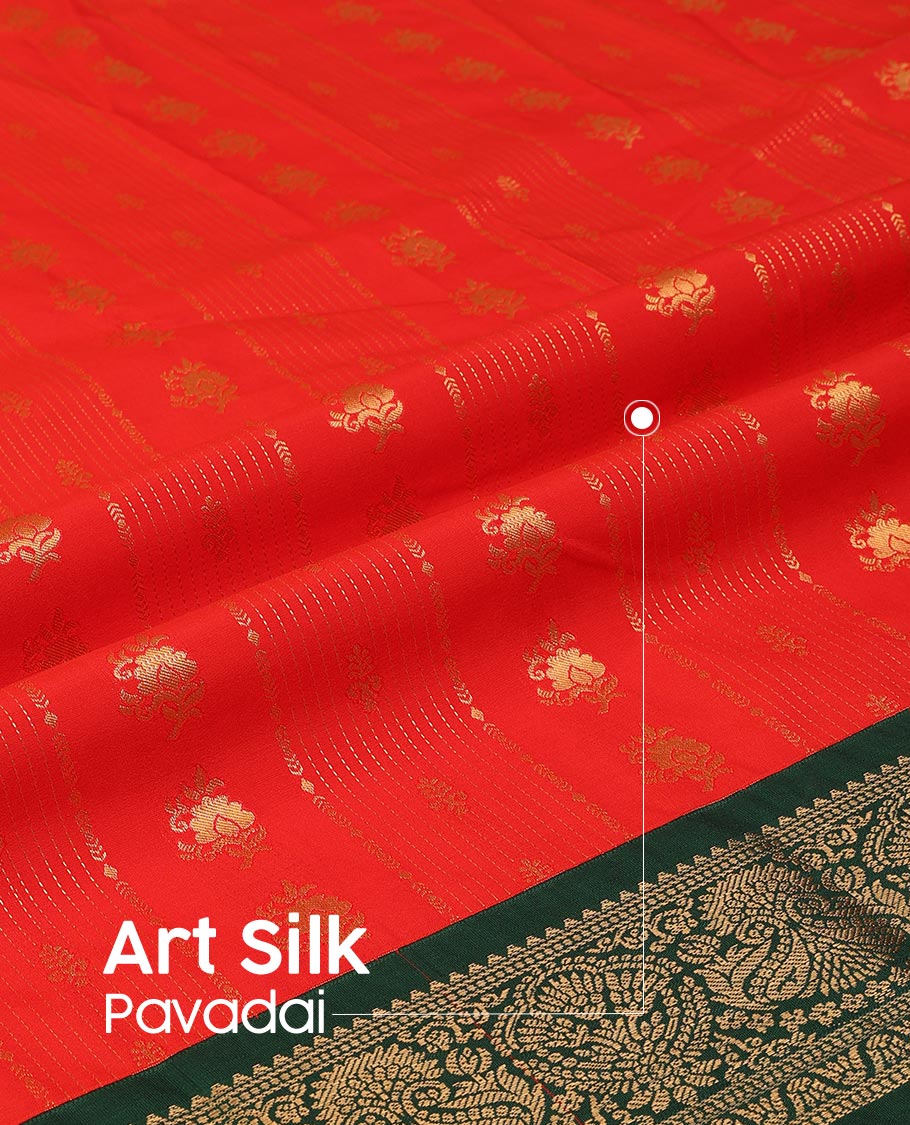 Red Art Silk Pavadai Material Set Elevated with Zari Designs All Over the Skirt, Complemented by a Contrast Floral-Paisley Zari Woven Border, and Paired with a Contrast Blouse