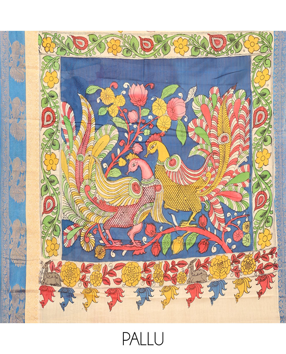 Sandal Kalamkari Printed Semi-Banarasi Tussar Saree, Beautified with Pichwai Cow-Lotus, Contrast Traditional Border, Contrast Peacock Printed Pallu, and a Contrast Blouse