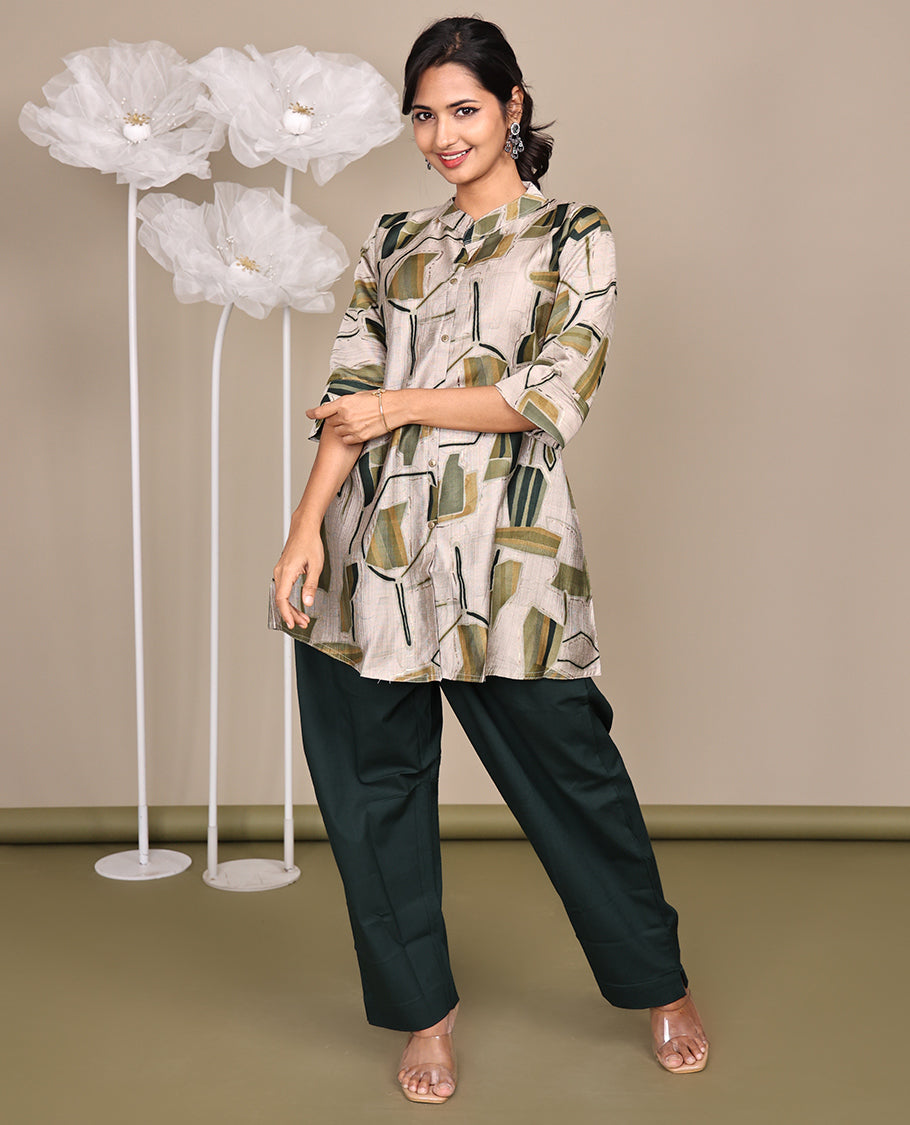 Grey Abstract Printed Above-Knee-Short Rayon Kurti, Comes with a Chinese Collar, 3/4 Sleeves, and A-Line Length