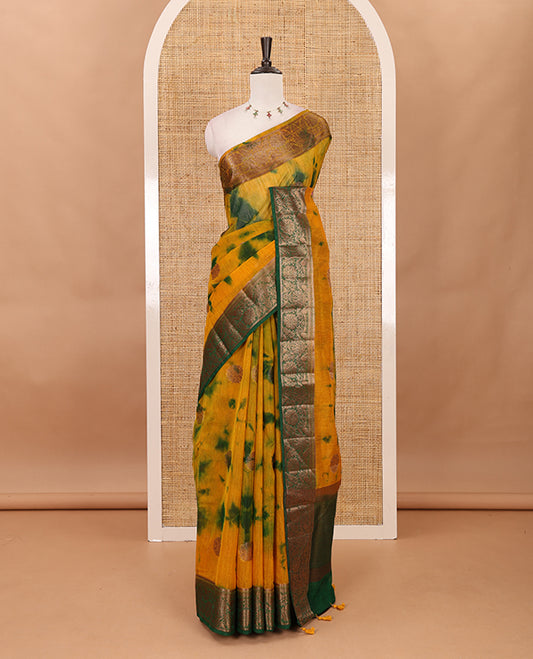 Yellow all over zari butta with shibori-style printed jute cotton saree, contrast zari border, zari line weaving pallu & contrast blouse